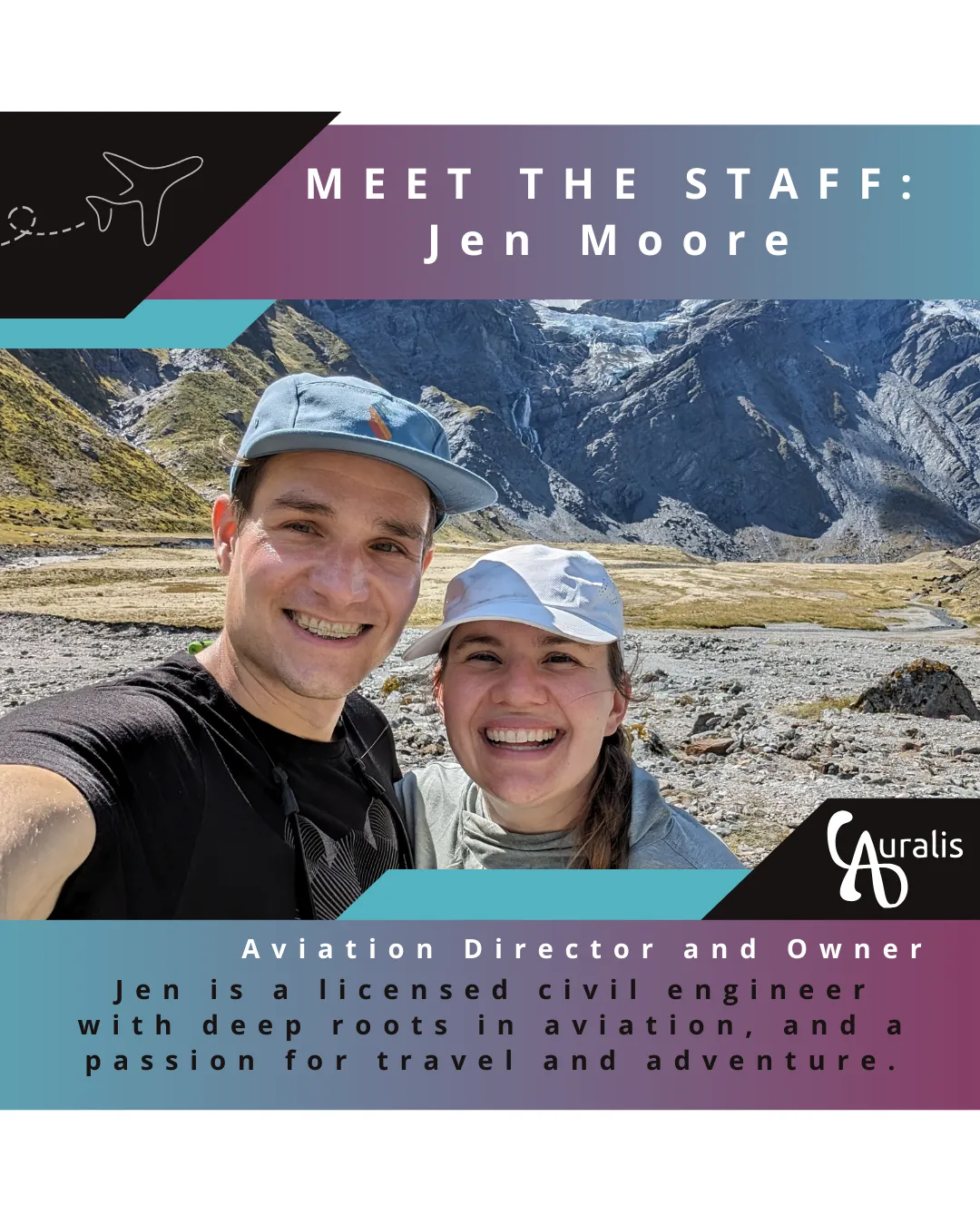 A “Meet the staff” card introducing Jen Moore, Aviation Director and Owner.