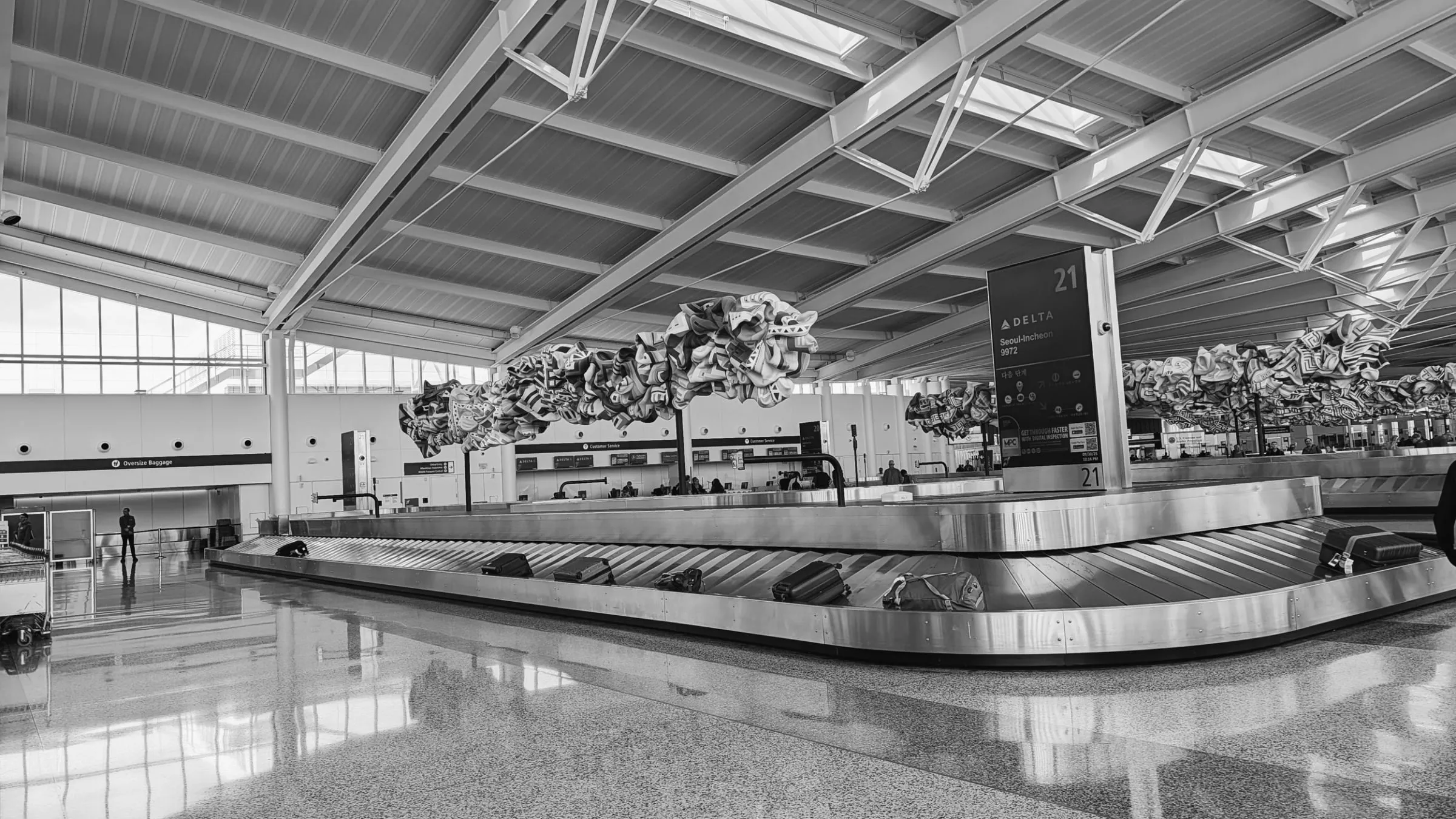 A baggage claim hall, carousels empty beneath a sculptural ceiling.