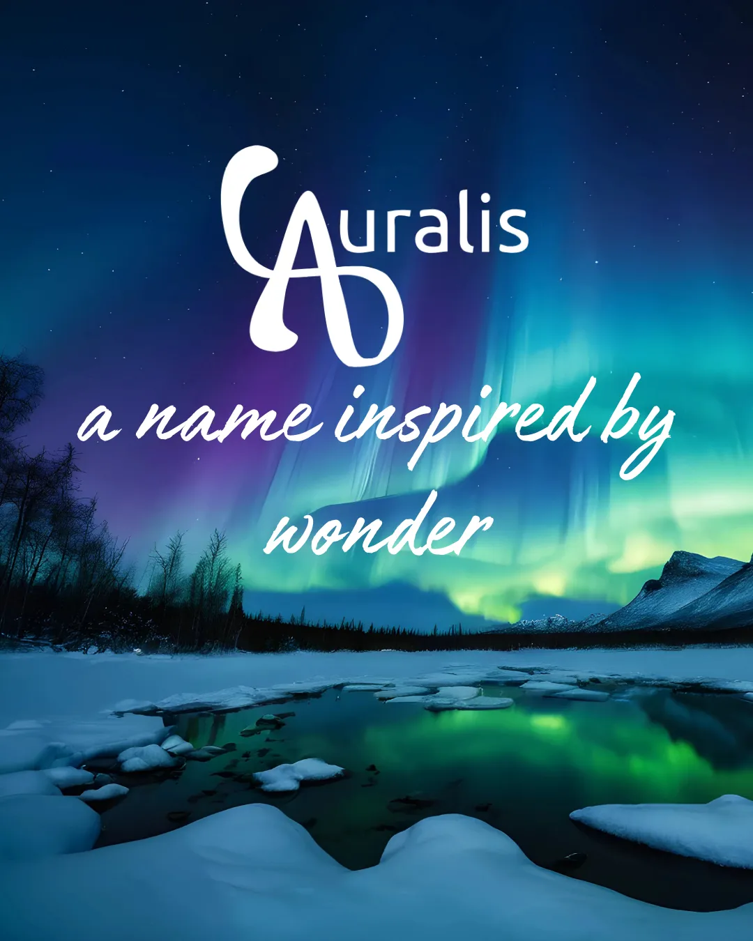 A card over an aurora photograph: “Auralis, a name inspired by wonder”.